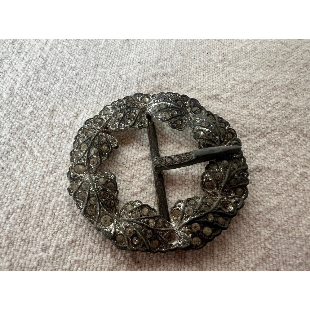 Vintage Wreath Belt Buckle Silver Rhinestone Leaf Art Deco Goth Botanical ##??